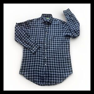 Sid Mashburn Linen Shirt Mens Sz L Blue Plaid Button Up Casual Preppy Pocket TT8